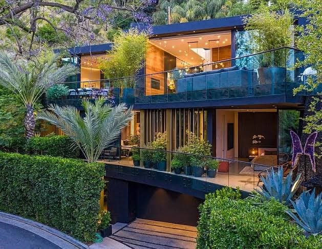 Modern home exterior at dusk